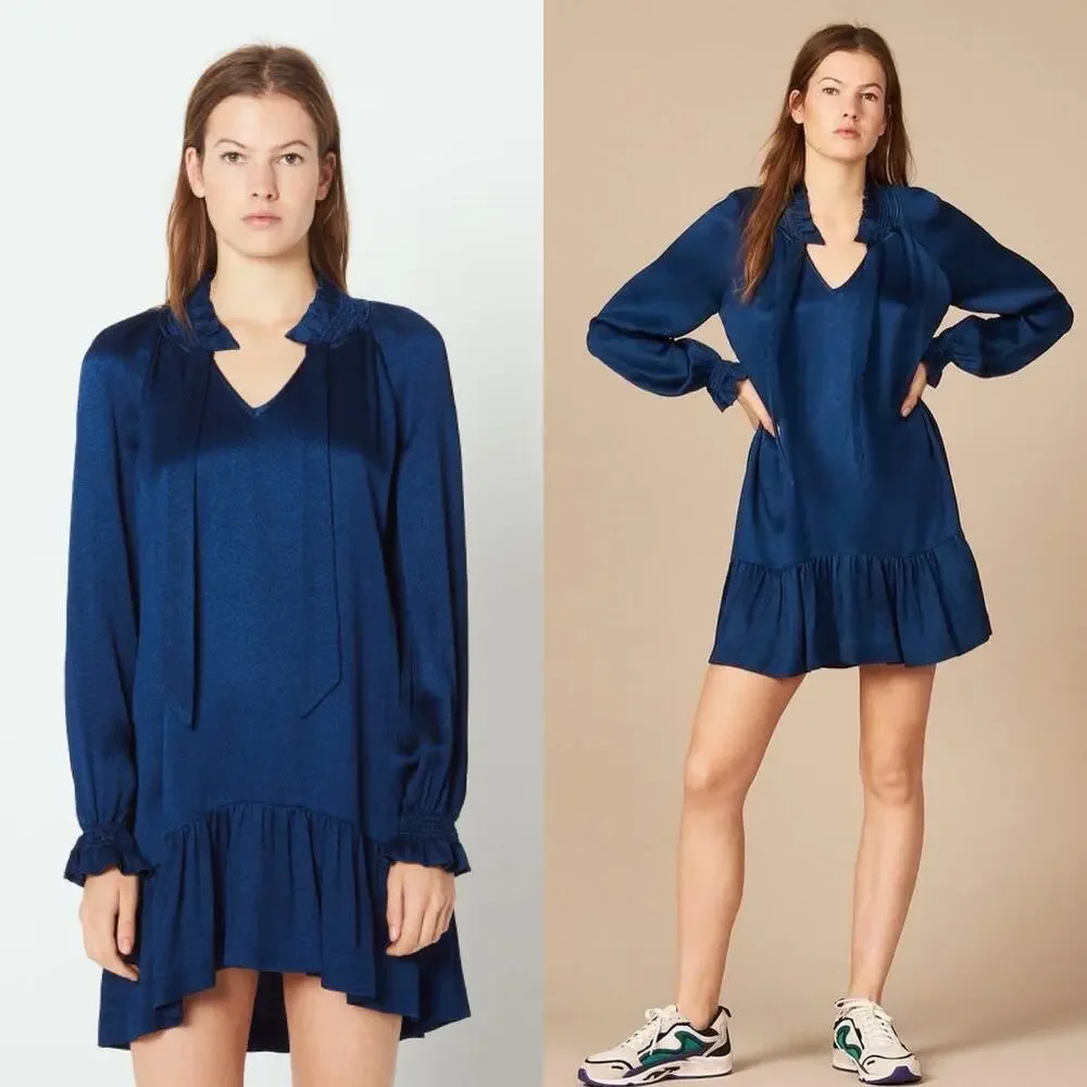 Sandro Paris Long Sleeve Tie Neck Flounce Hem Mini Dress In Navy Blue Size 36